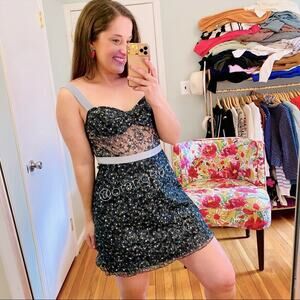 NWT Allen Schwartz Blue Black Dainty Floral Mesh Sexy Bustier Eden Mini Dress 4